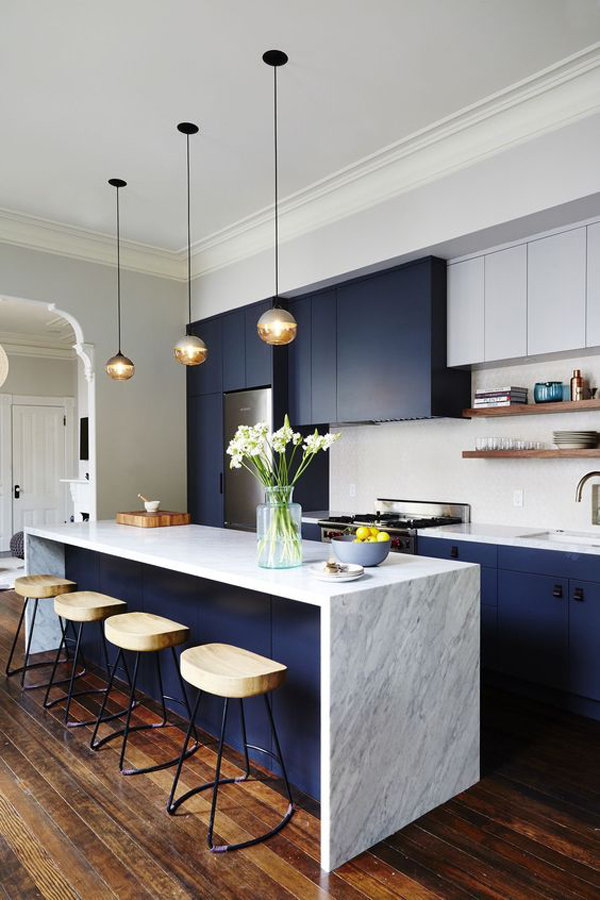 Dark-blue-kitchen-with-beautiful-hanging-lamps